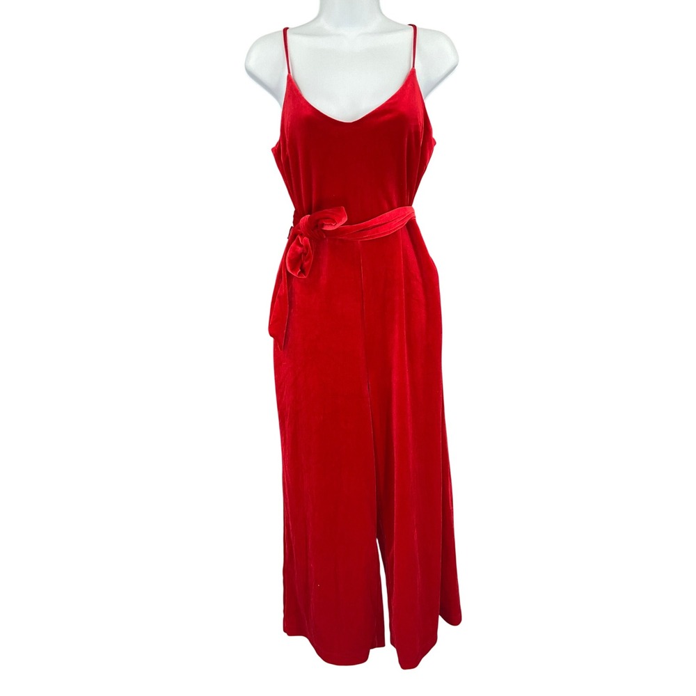 GB Jumpsuit Womens Sz M Red Velvet Cami Wide Leg Belted Holiday Elegant Evening